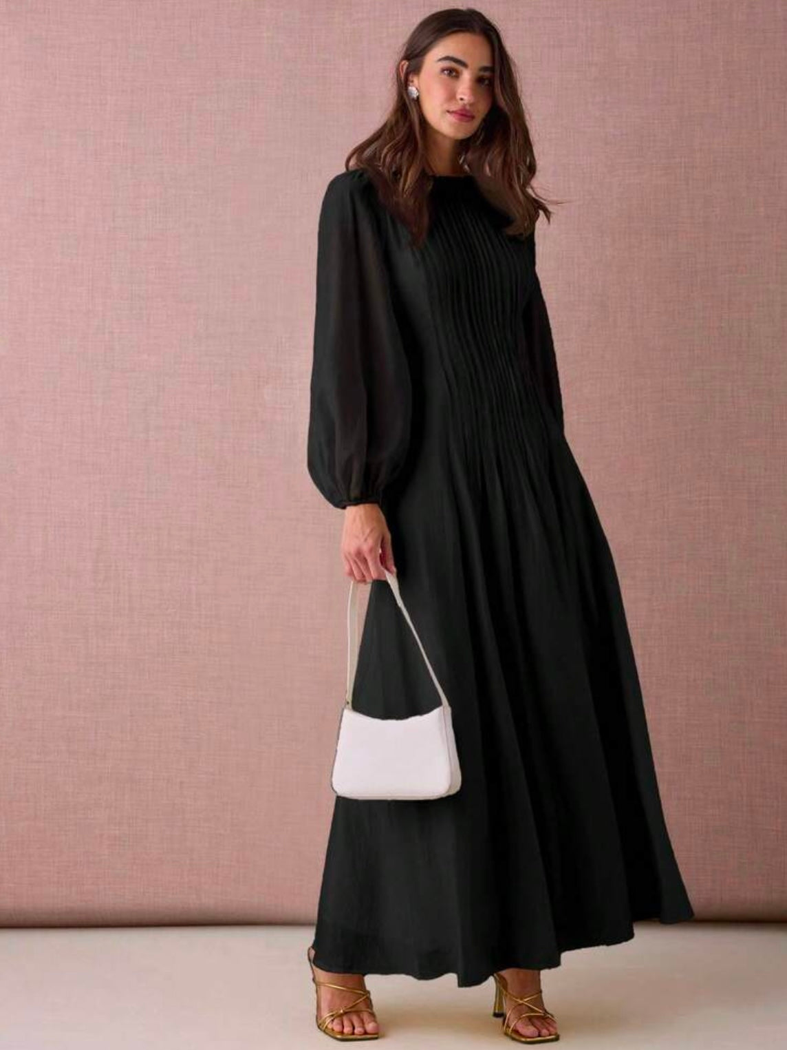 CM-DS935764 Women Elegant Seoul Style Round Neck Lantern Sleeve Pleated Design A-Line Maxi Dress - Black