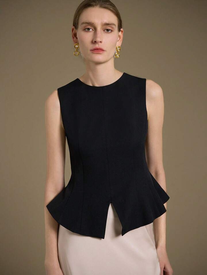 CM-TS119121 Women Elegant Seoul Style Round Neck Sleeveless Ruffle Hem Design Top - Black