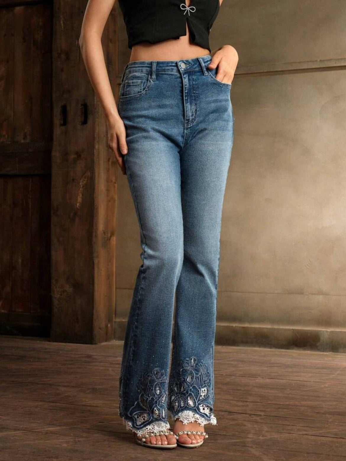 CM-BS455129 Women Elegant Seoul Style Embroidery Lace Hollow-Out Rhinestone Trim Flared Hem Jeans