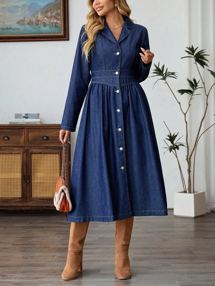 CM-DS021333 Women Elegant Seoul Style Dark Wash Lapel Neckline Long Sleeve Single-Breasted Denim Dress