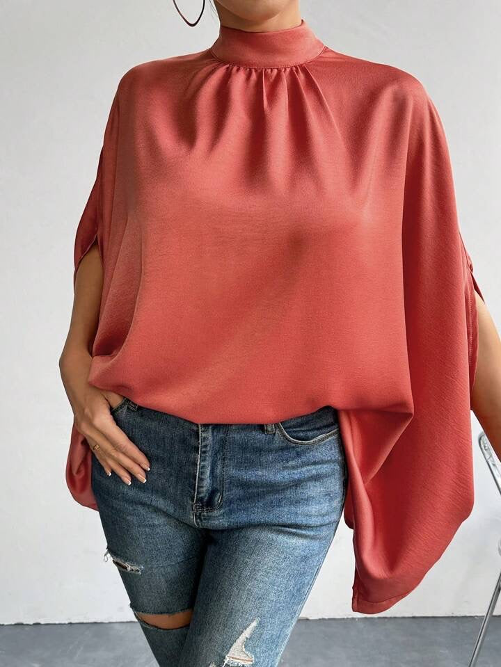 CM-TS713863 Women Casual Seoul Style Stand Collar Tie Back Batwing Sleeve Shirt - Rose Red