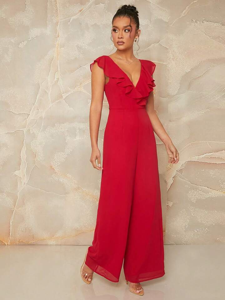 CM-JS866598 Women Trendy Bohemian Style Deep V-Neck Feather Print Ruffle Lace Up Jumpsuit