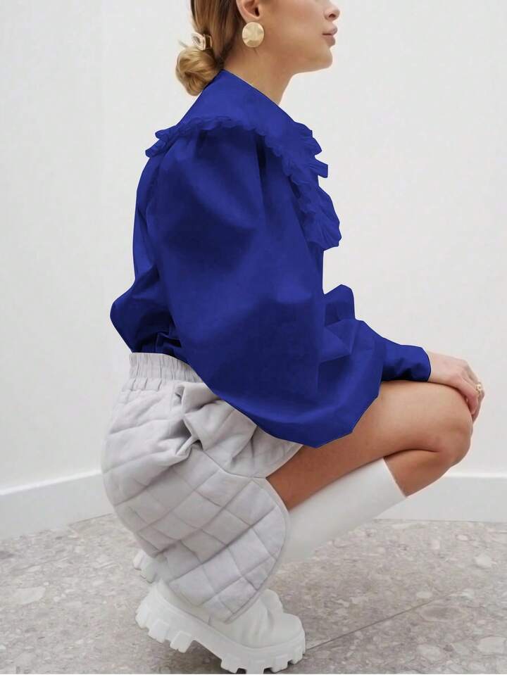 CM-TS278792 Women Elegant Seoul Style Solid Color Peter Pan Collar Bishop Sleeve Ruffle Detail Long Sleeve Blouse