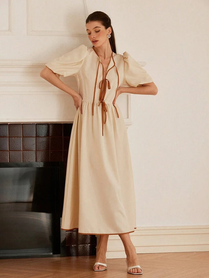 CM-DS389922 Women Casual Seoul Style Bowknot Backless Short Sleeve Cinched Waist A-Line Dress