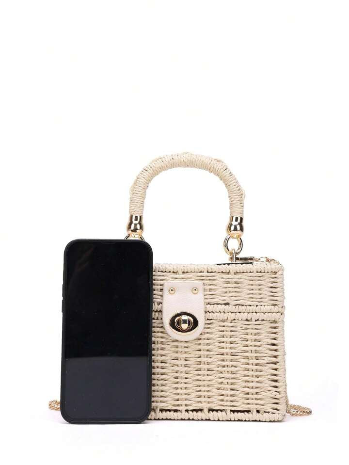 CM-BGS698559 Women Trendy Seoul Style Minimalist Twist Lock Flap Straw Bag - Beige