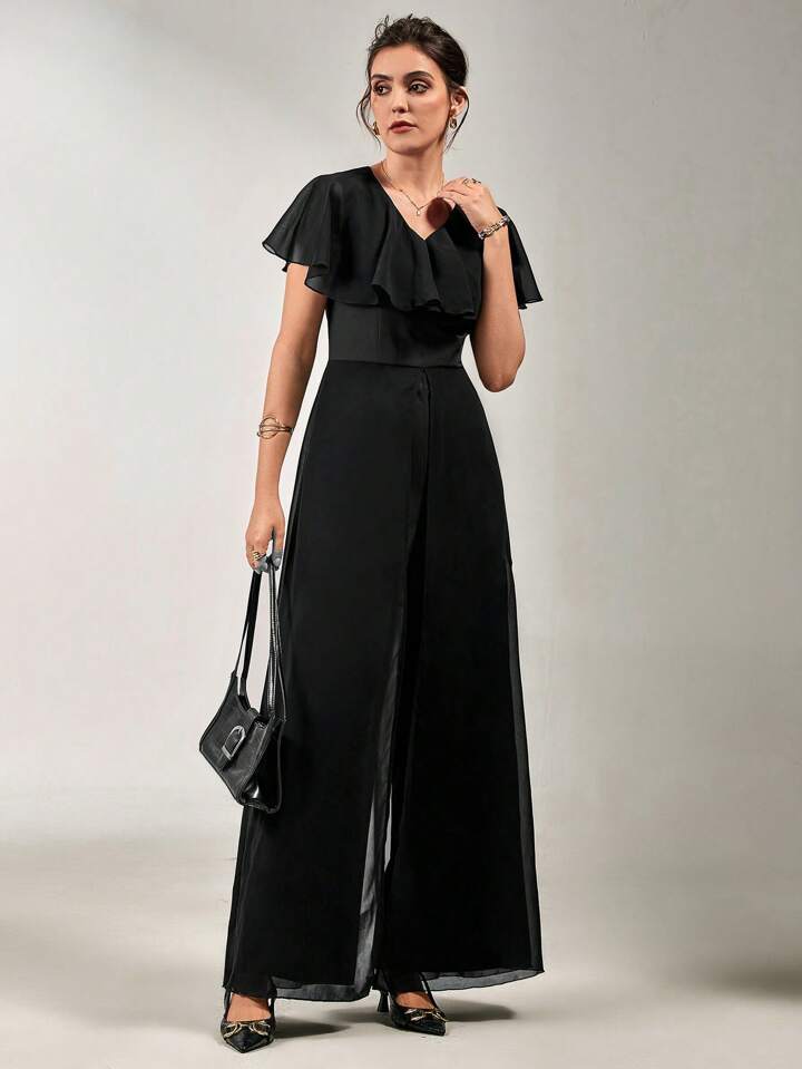 CM-JS857936 Women Elegant Seoul Style V-Neck Flounce Sleeve Ruffled Chiffon Jumpsuit - Black