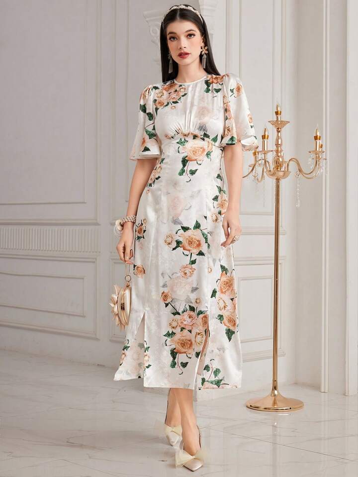 CM-DS969986 Women Elegant Seoul Style Floral Printed Butterfly Sleeve A-Line Dress