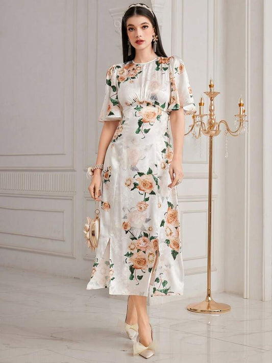 CM-DS969986 Women Elegant Seoul Style Floral Printed Butterfly Sleeve A-Line Dress