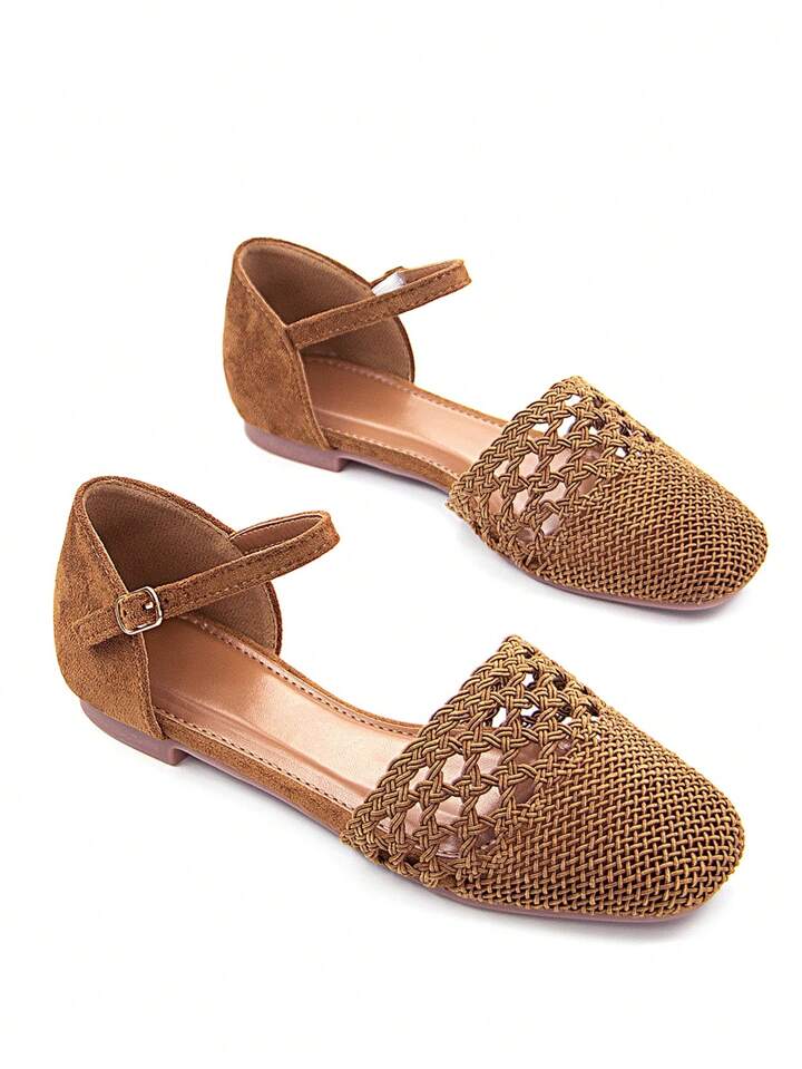 CM-SHS960395 Women Trendy Seoul Style Crochet Hollow Decor Faux Suede Square Toe Slip-On Flat Shoes - Brown