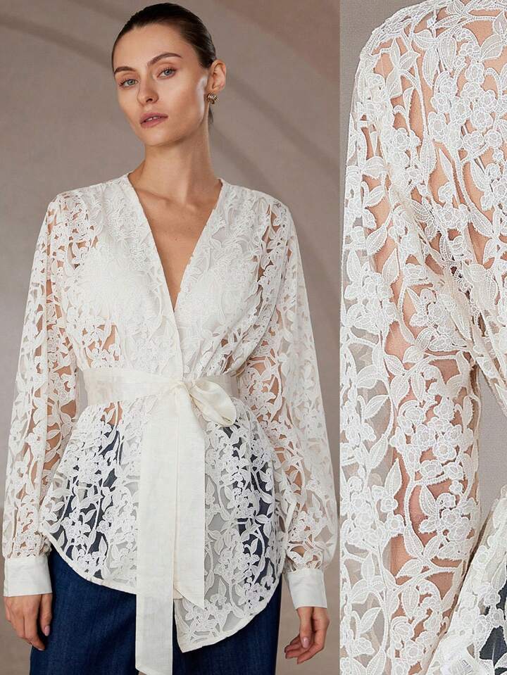 CM-TS141447 Women Elegant Seoul Style V-Neck Semi-Sheer Wrap Belted Long Sleeve Blouse