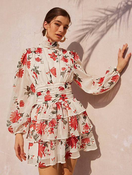CM-DS030559 Women Casual Seoul Style Round Neck Puff Sleeve Colorblock Floral Print Layered Mini Dress