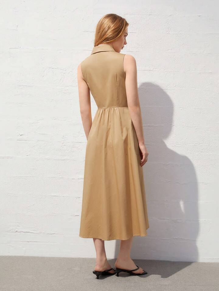 CM-DS774215 Women Casual Seoul Style Collar Neckline Sleeveless Shirt Dress - Khaki