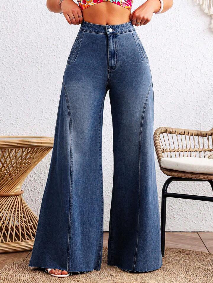 CM-BS585435 Women Casual Seoul Style Dark Wash Loose Button Zipper Mom Fit Wide Leg Denim Pants