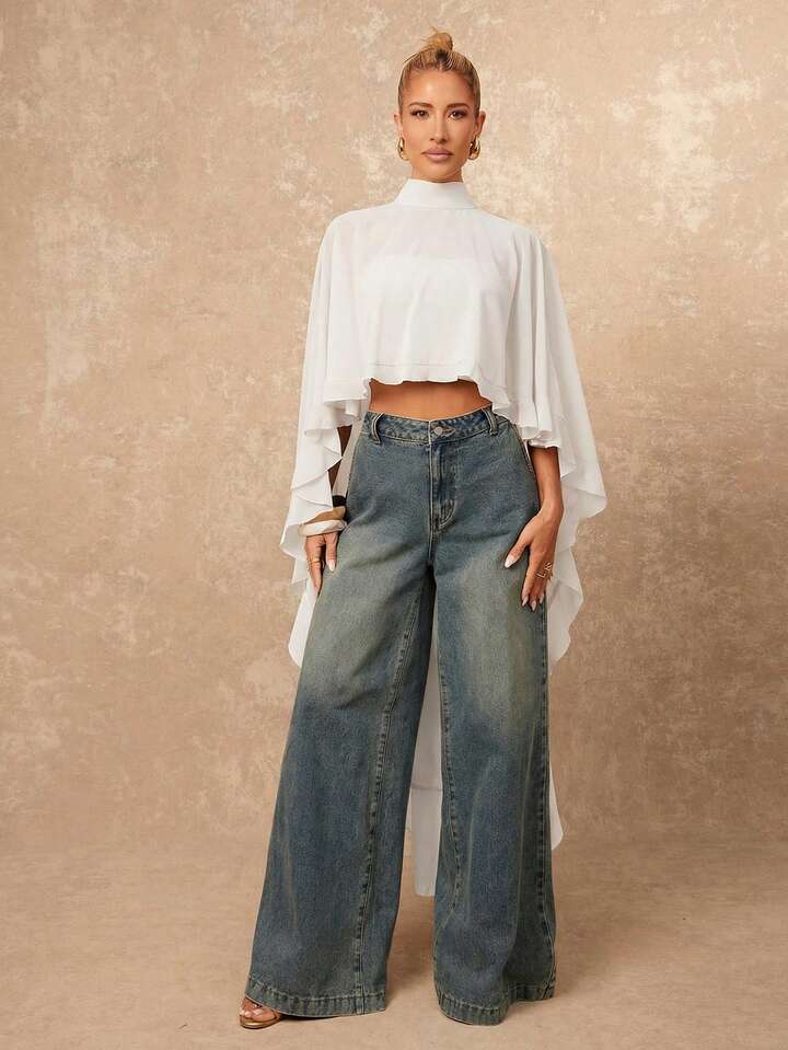 CM-TS820927 Women Casual Seoul Style Asymmetric Ruffle Hem Loose Collar Shawl Blouse - White