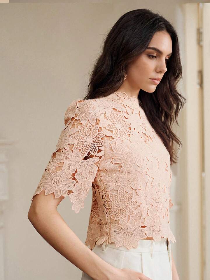 CM-TS151410 Women Elegant Seoul Style Collar Lace Cropped Floral Hollow Out Petal Sleeve Top - Pink