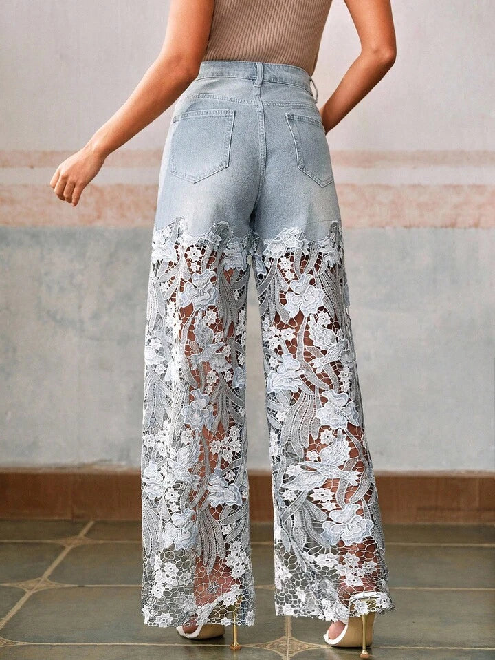 CM-BS170119 Women Elegant Seoul Style Mid Waist Lace Rhinestone Straight Leg Pants - Blue