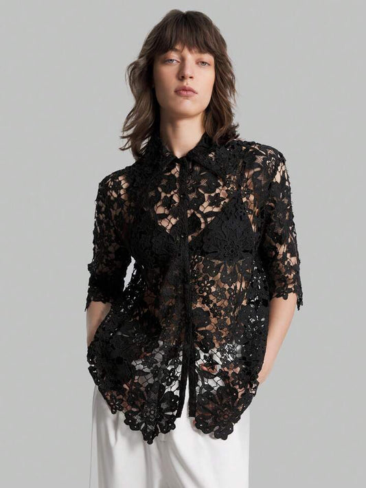 CM-TS336051 Women Casual Seoul Style Stand Collar Short Sleeve Lace Hollow Out Shirt - Black