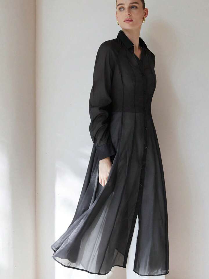 CM-TS697247 Women Casual Seoul Style Translucent Textured V-Neck Long Sleeve Gathered Waist Shirtdress - Black