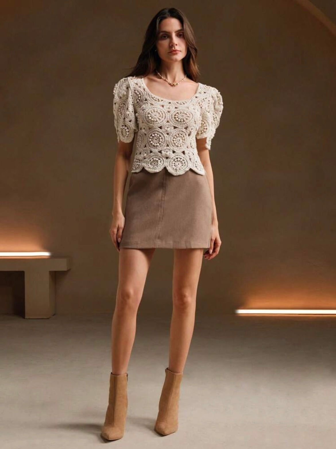 CM-TS880790 Women Casual Seoul Style Crochet Hollow-Out Balloon Sleeve Beaded T-Shirt - Apricot