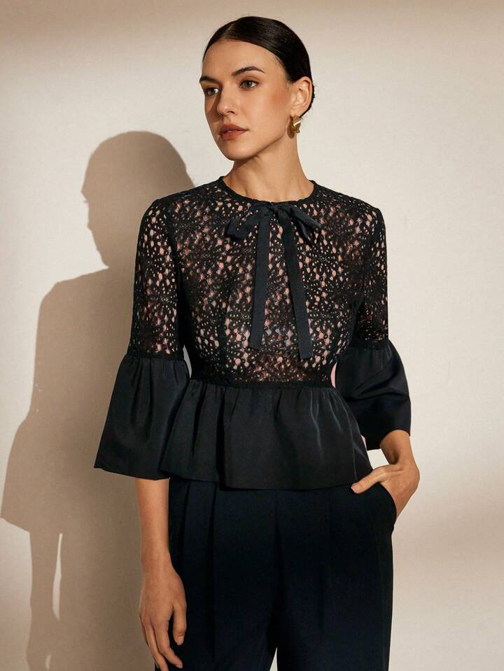 CM-TS701051 Women Casual Seoul Style Hollow Out Embroidery Patchwork Ruffle Sleeve Shirt