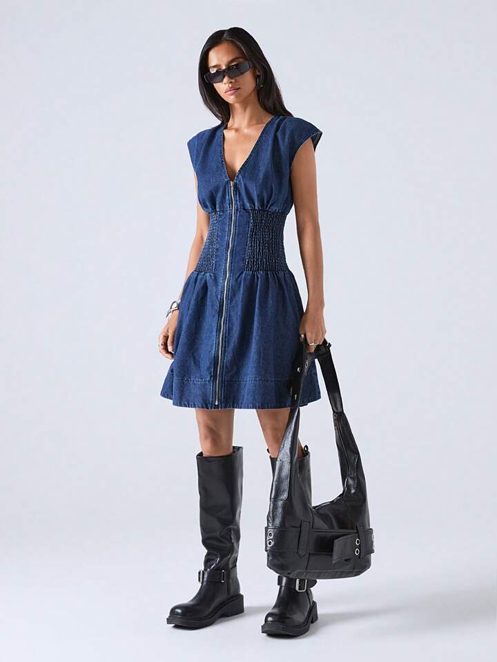 CM-DS498889 Women Casual Seoul Style V-Neck Barwing Sleeve High Waist A-Line Denim Dress - Blue