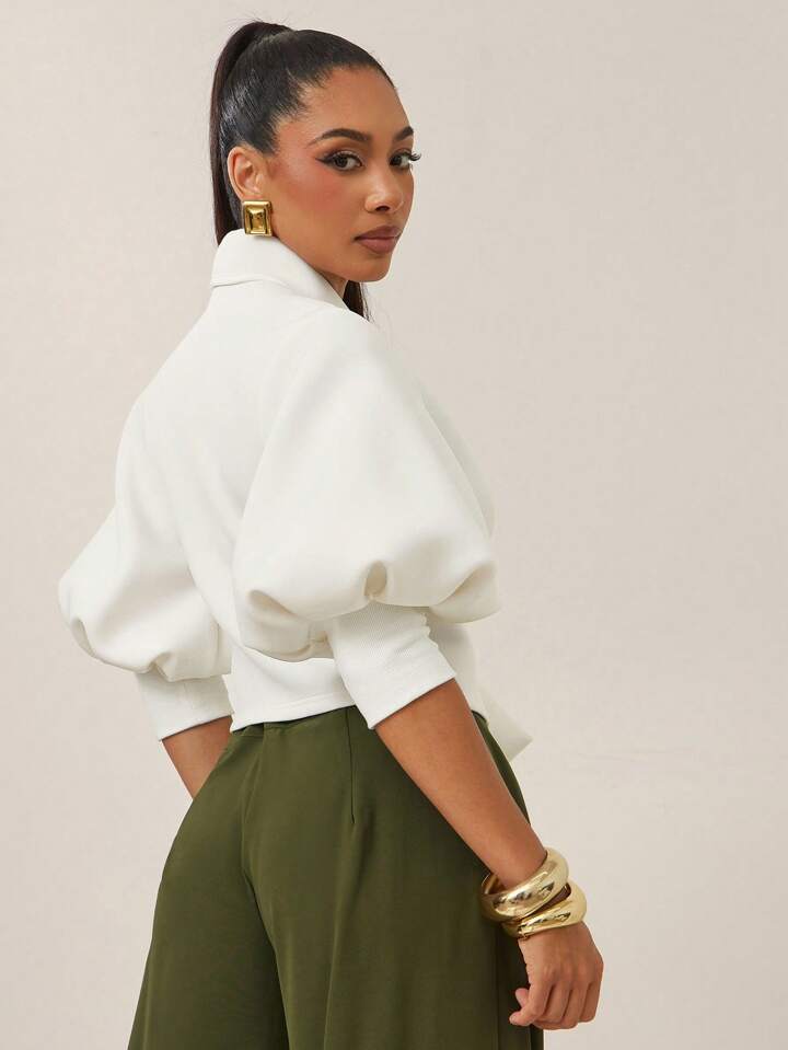 CM-TS619000 Women Elegant Seoul Style Solid Color Puff Sleeve Self Tie Wrap Around Top - White