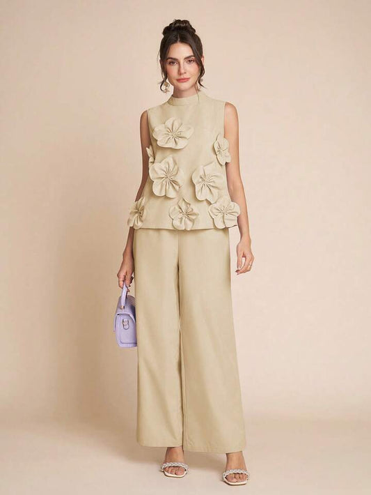 CM-SS359965 Women Elegant Seoul Style Stand Colllar Sleeveless 3D Floral Decor Top With Wide Leg Pants - Set