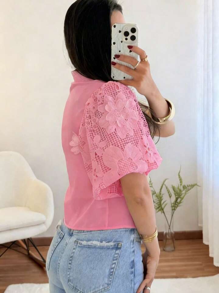 CM-TS733349 Women Elegant Seoul Style Collar Neckline Puff Sleeve Embroidered Floral Hollow-Out Shirt - Pink