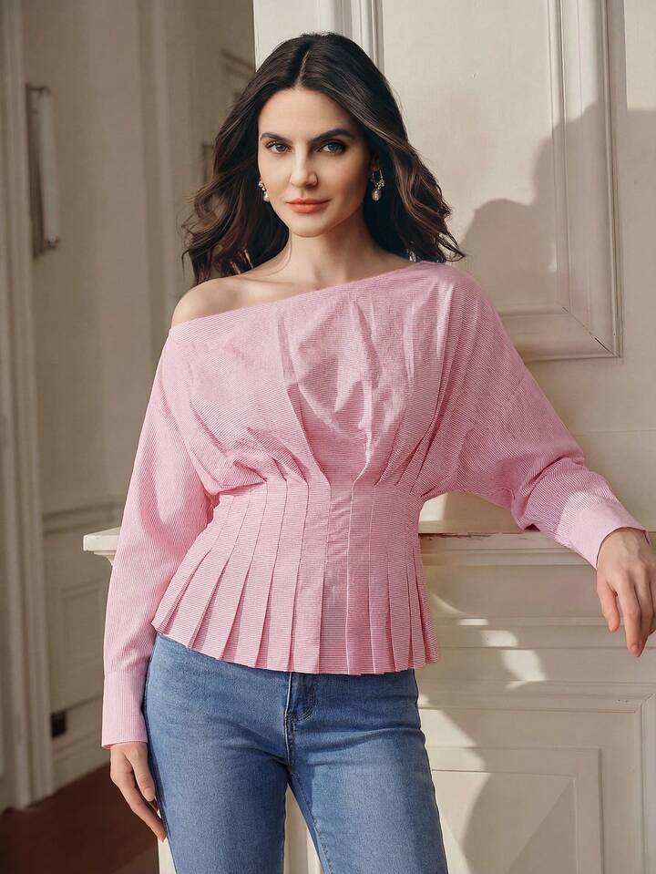 CM-TS377827 Women Elegant Seoul Style Pleated Asymmetric Shoulder Striped Long Sleeve Top - Pink