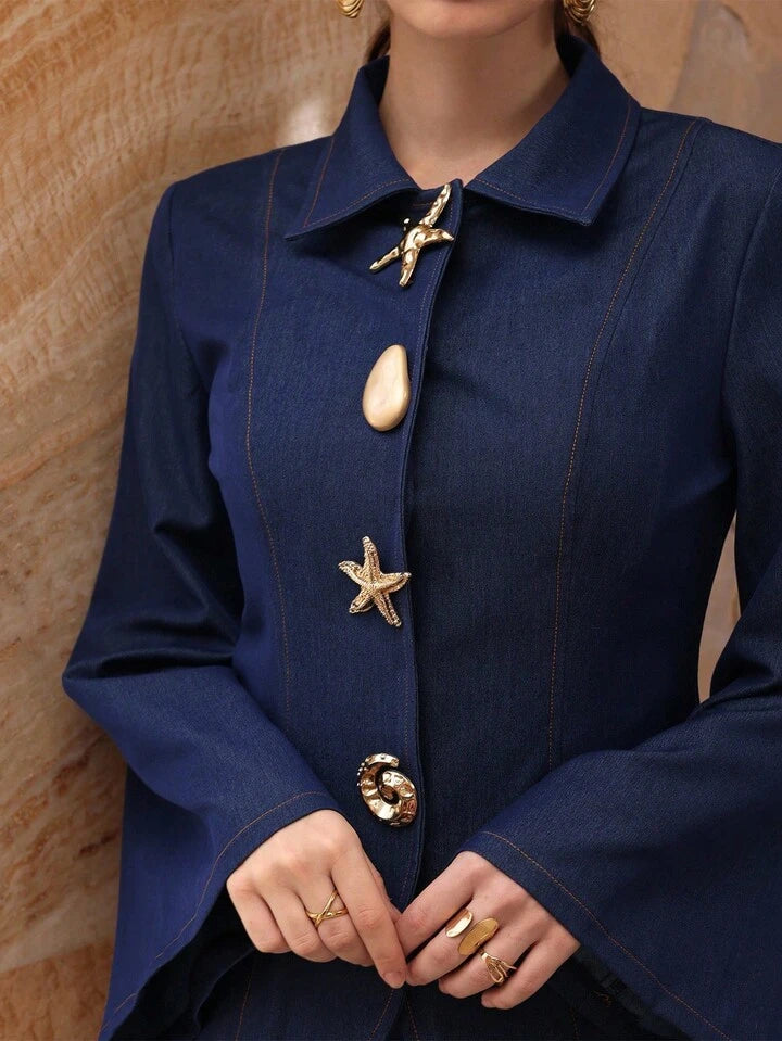 CM-SS555905 Women Elegant Seoul Style Metal Button Decor Long Sleeve Denim Top With High Waist Wide Leg Pants - Set
