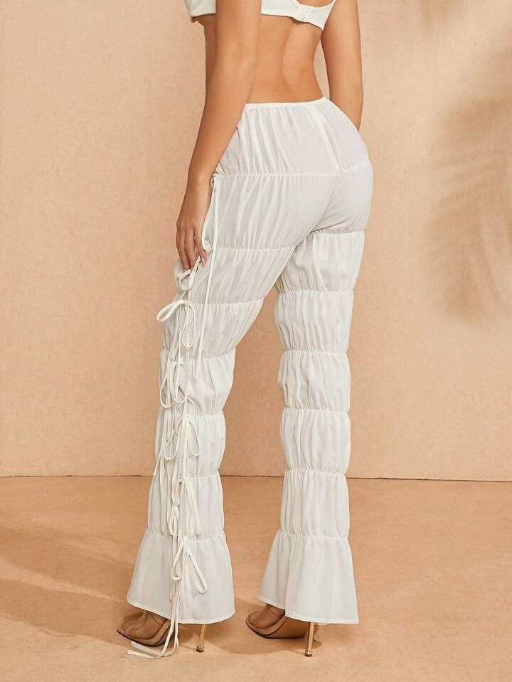 CM-BS547994 Women Casual Seoul Style Ruched Drawstring Waist Tiered Pants - White