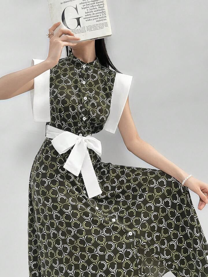 CM-DS906166 Women Casual Seoul Style Stand Collar Sleeveless Geometric Printed Patchwork A-Line Dress