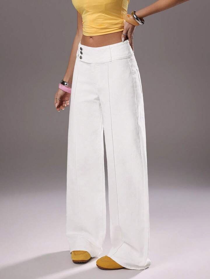 CM-BS569859 Women Casual Seoul Style Mid Waist Extra Long Wide Leg Denim Jeans - White