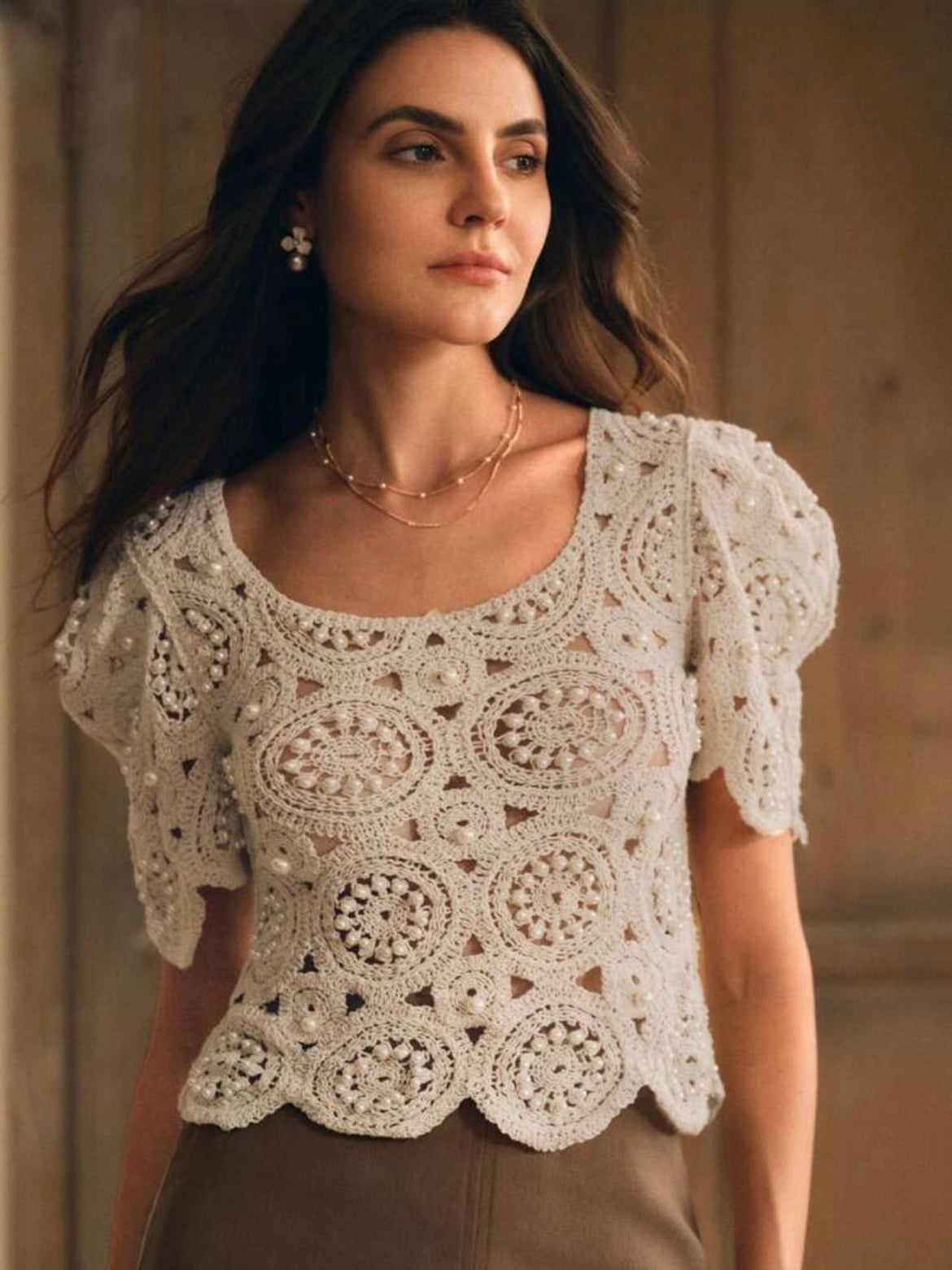 CM-TS880790 Women Casual Seoul Style Crochet Hollow-Out Balloon Sleeve Beaded T-Shirt - Apricot