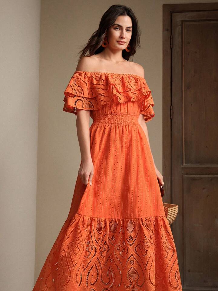 CM-DS642728 Women Elegant Seoul Style Hollow-Out Embroidered Lace Off-Shoulder Dress - Orange