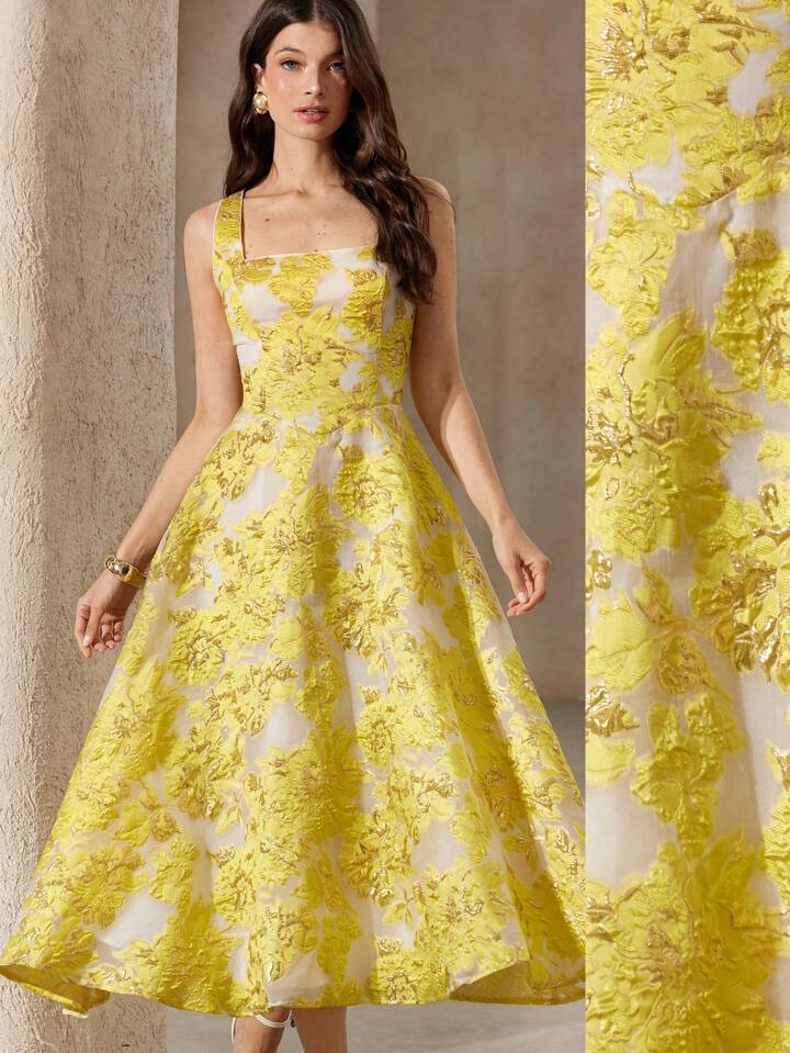 CM-DS045386 Women Elegant Seoul Style Embroidery Decor Sleeveless Fitted Waist Flare Silhouette Long Dress