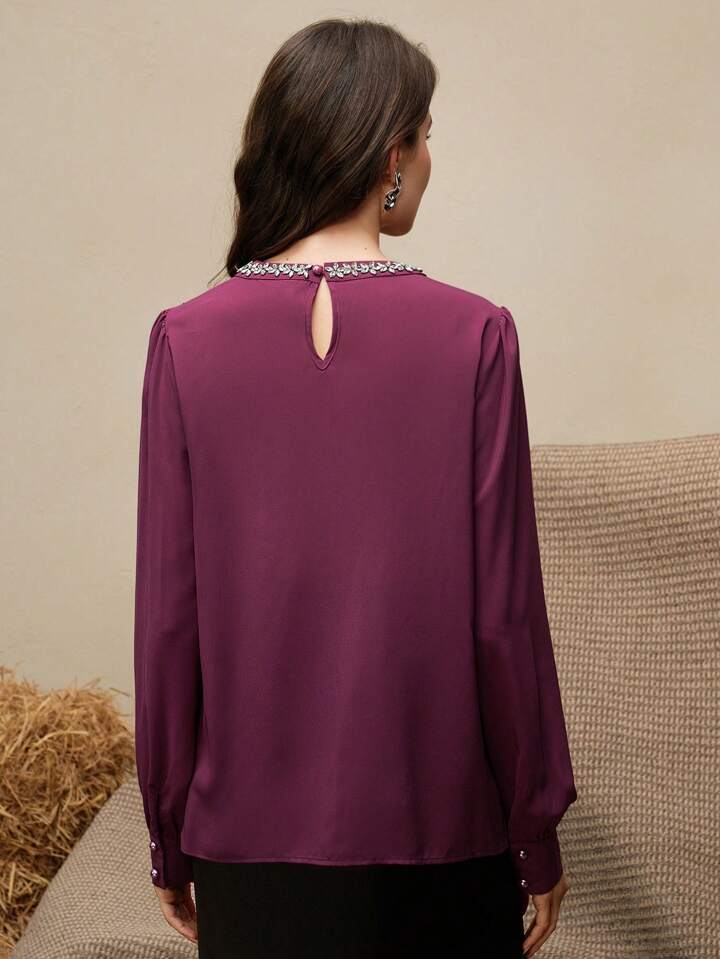 CM-TS222244 Women Elegant Seoul Style Round Neck Embroidered Studded Pleated Long Sleeve Chiffon Blouse - Purple