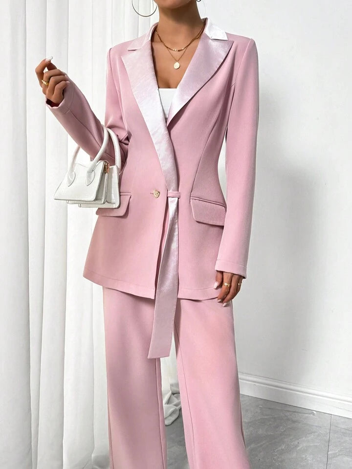 CM-SS787138 Women Elegant Seoul Style Colorblock Lapel Neckline Long Sleeve Blazer Jacket With Pants Suit - Pink