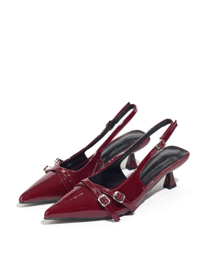 CM-SHS588161 Women Trendy Seoul Style Pointed Toe Kitten Heel Slingback Patent Leather Pumps - Burgundy