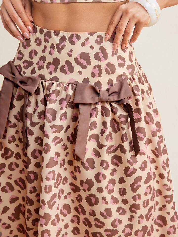 CM-BS390910 Women Elegant Seoul Style High Waist Leopard Print Bow Details Midi Skirt