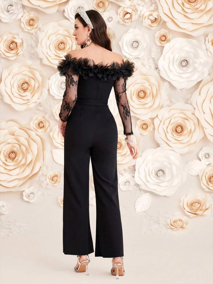 CM-JS463843 Women Elegant Seoul Style Lace Spliced One Shoulder Long Sleeve Jumpsuit - Black
