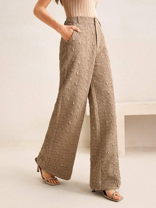 CM-BS456261 Women Elegant Seoul Style Minimalist Textured Wide Leg Pants - Khaki