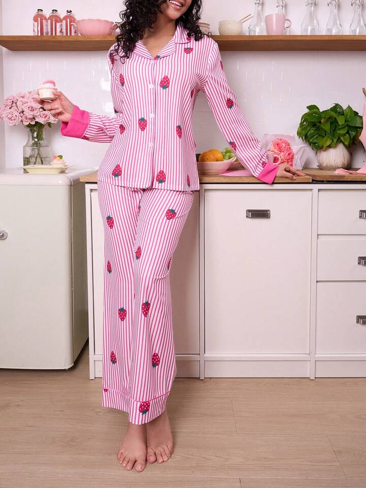 CM-LS706017 Women Trendy Seoul Style Striped Strawberry Bubble Print Pajama Set