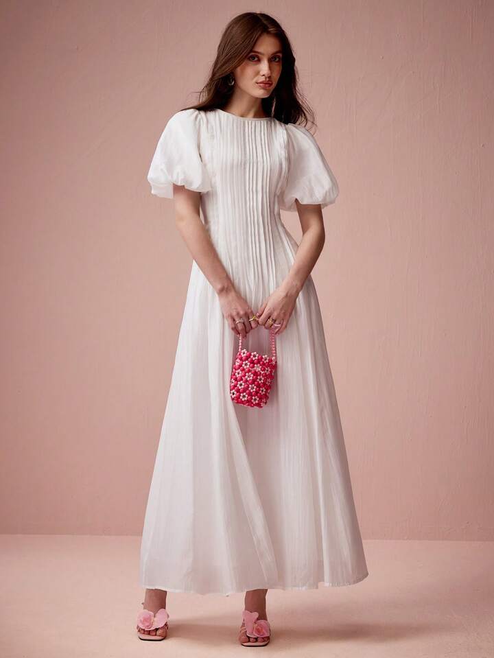 CM-DS127260 Women Elegant Seoul Style Round Neck Bubble Pleat Puff Long Sleeve Maxi Dress - White