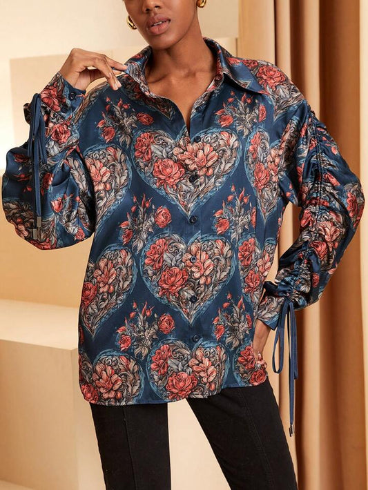 CM-TS136580 Women Trendy Bohemian Style Floral Print Drawstring Long Sleeve Shirt
