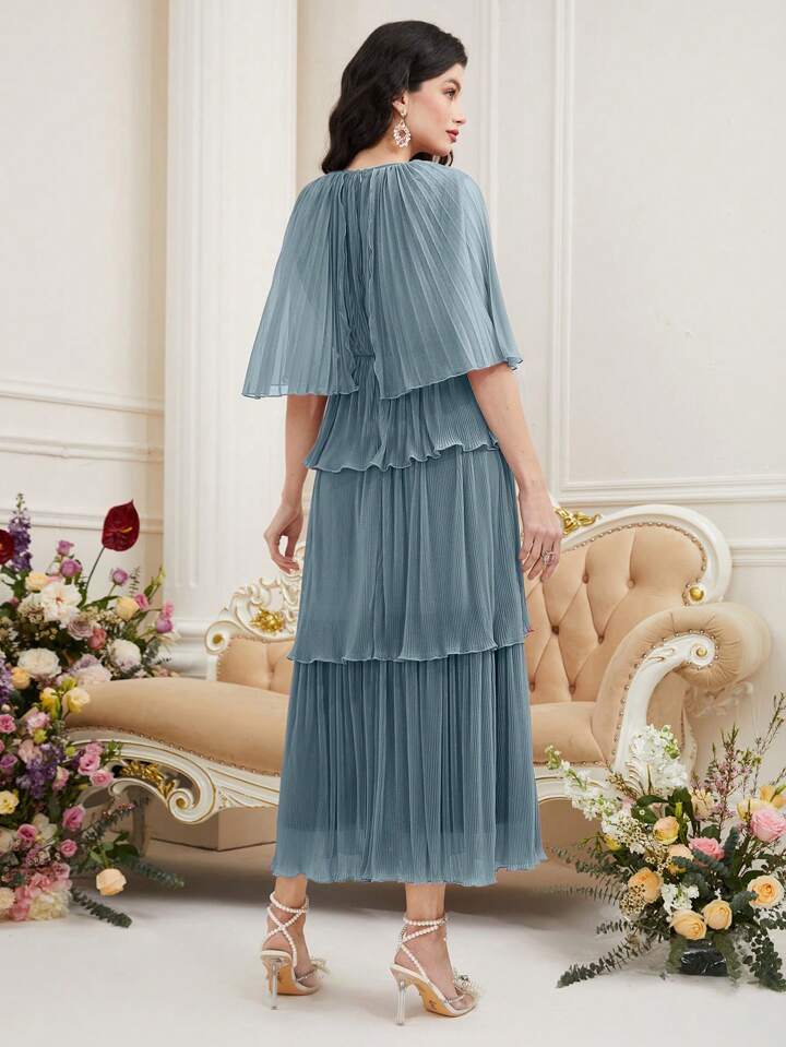 CM-DS707088 Women Elegant Seoul Style Round Neck Mesh Patchwork Ruffled Hem Long Dress - Mint Blue