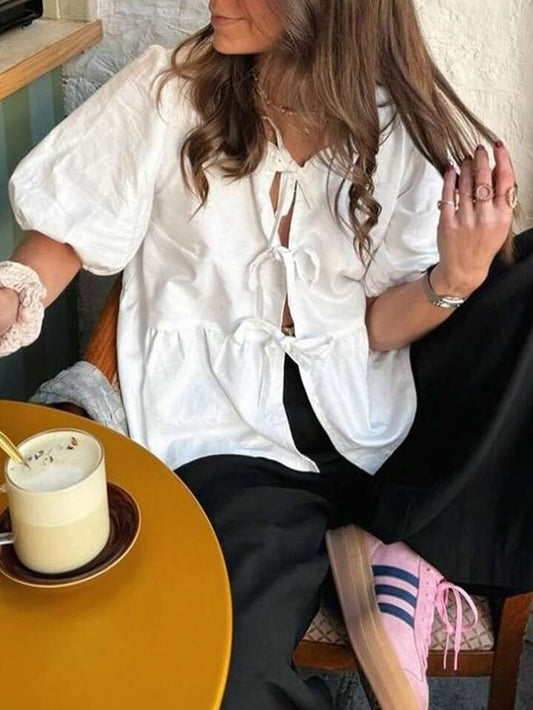 CM-TS262171 Women Casual Seoul Style V-Neck Bow Tie Belt Puff Sleeve Shirt - White