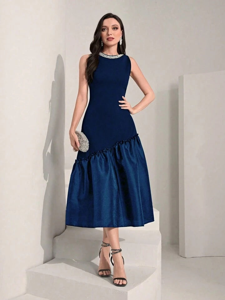 CM-DS710500 Women Elegant Seoul Style Sleeveless Pearls Beaded Ruffle Hem Dress - Royal Blue