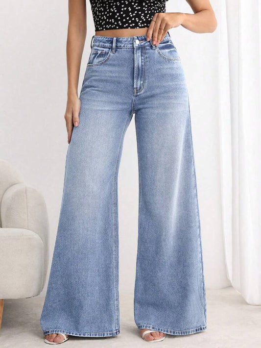 CM-BS522368 Women Elegant Seoul Style Light Wash Button Front Pocket Loose Wide Leg Jeans