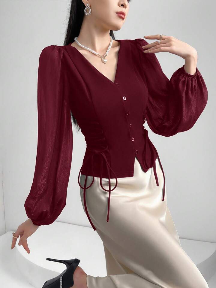 CM-TS872949 Women Elegant Seoul Style Sheer V-Neck Puff Lantern Sleeves Lace-Up Detail Blouse - Burgundy